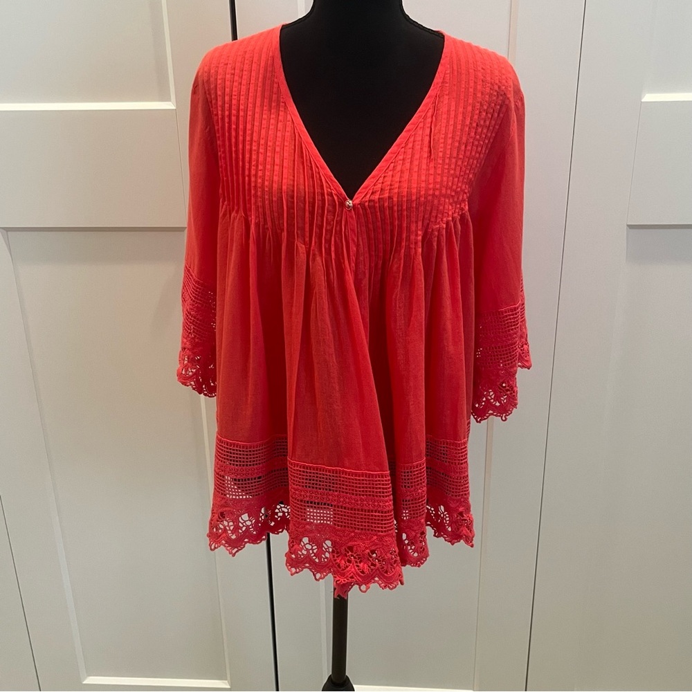 V Cristina Coral Crochet-Trim Top With Flyaway Front